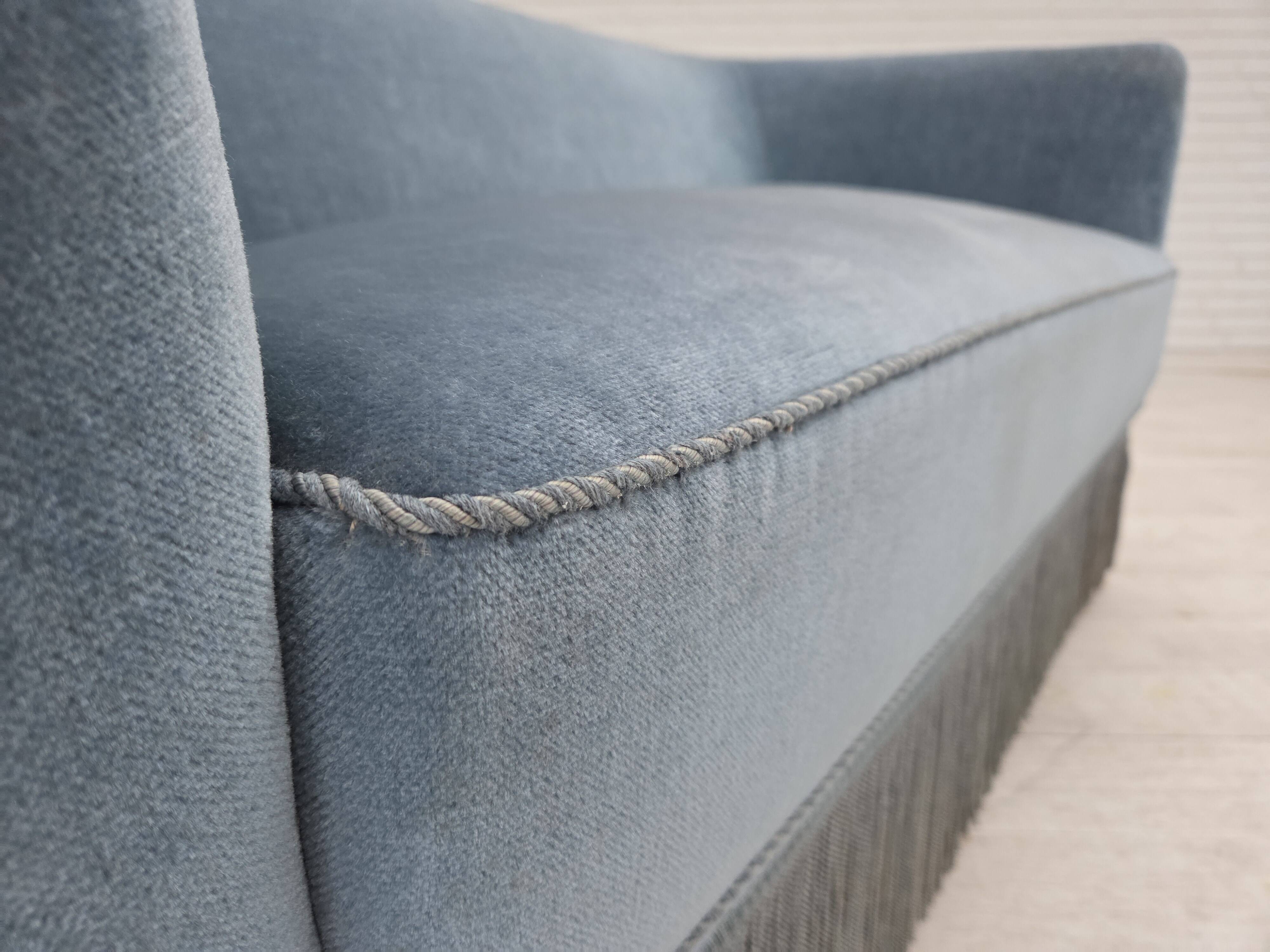 1970s, Danish 2-seater sofa, blue furniture velour, oak wood legs.