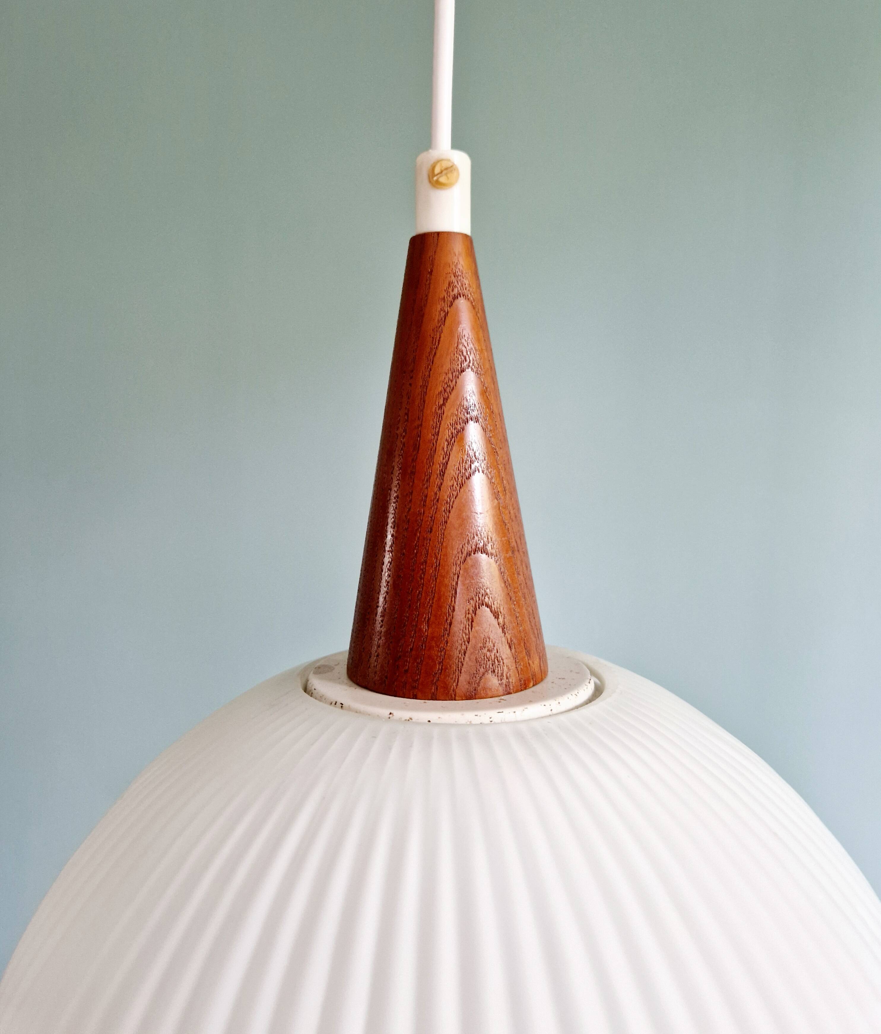 Scandinavian teak and white satin glass pendant light, 1960s
