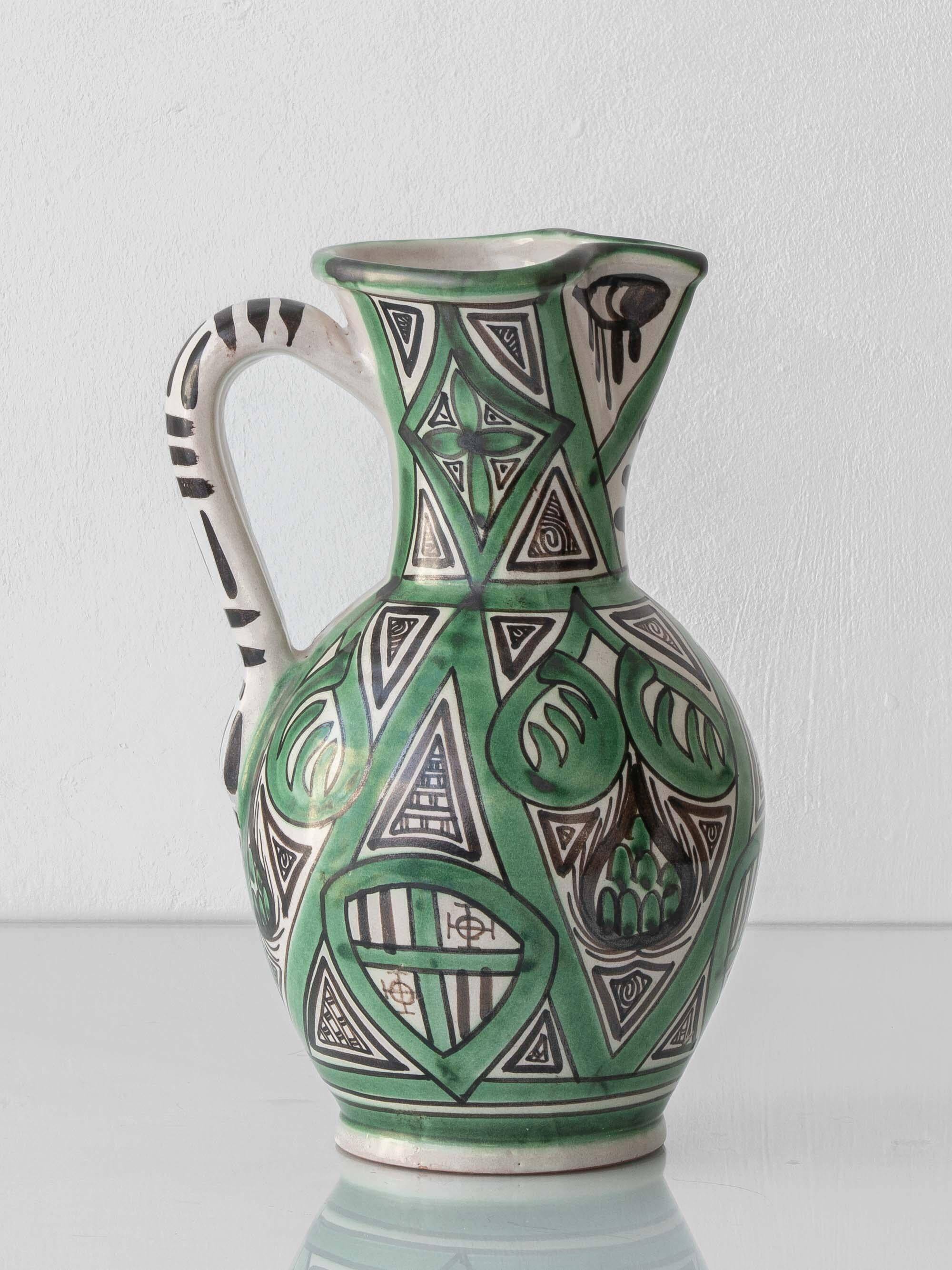 Spanish ceramic pitcher from the mid-century Mudéjar style in green and black, Punter.