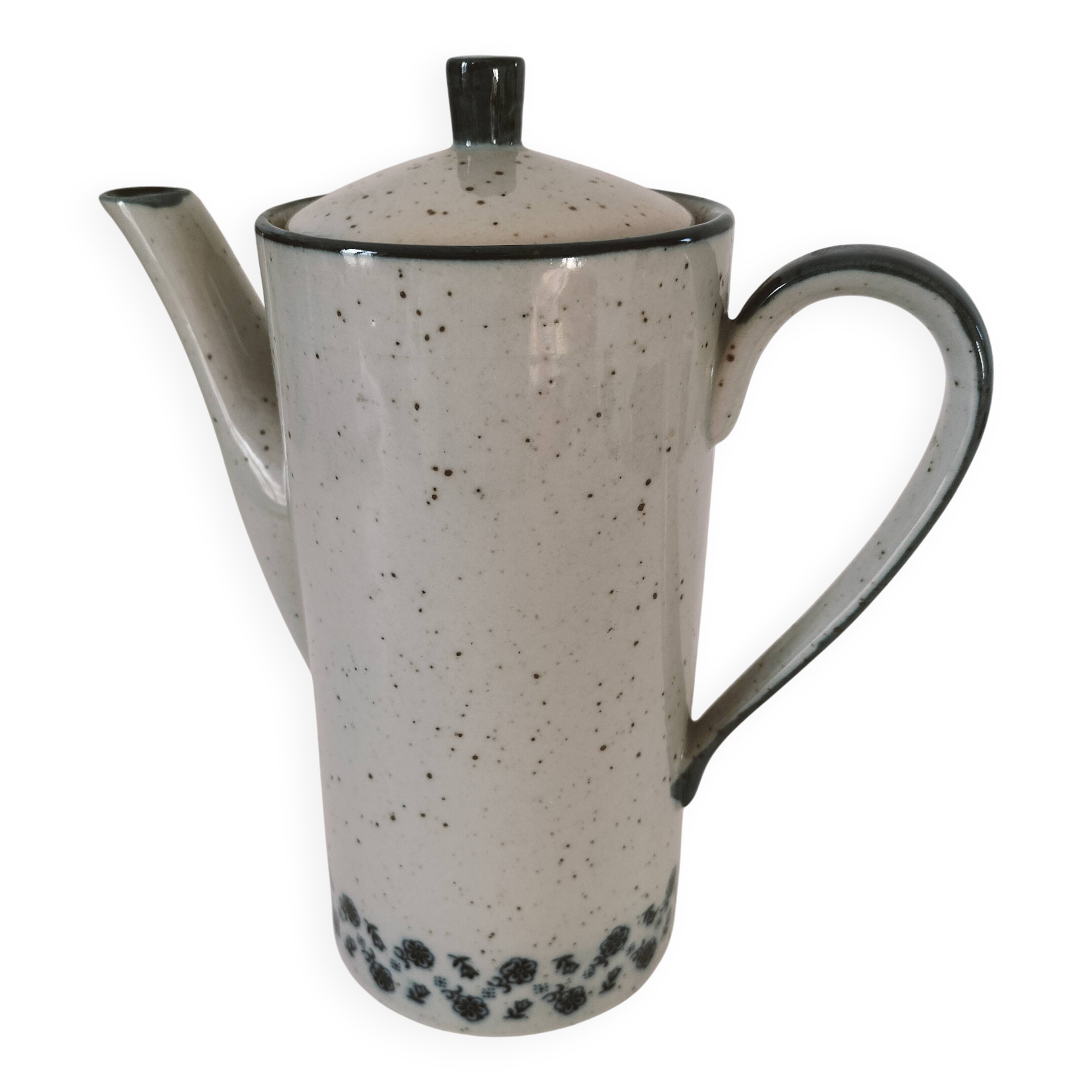 Cafetière vintage en grès moucheté – décor floral bleu marine