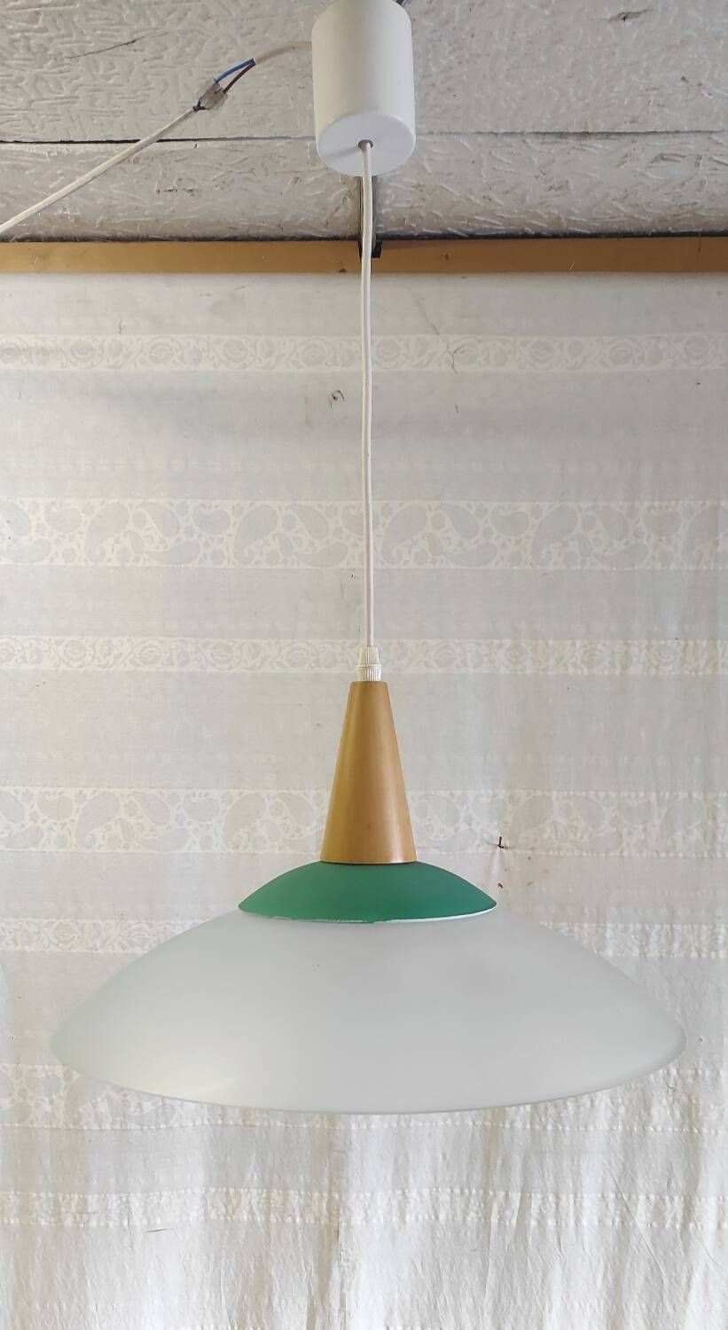 Scandinavian style pendant light in glass and wood - late 20th century