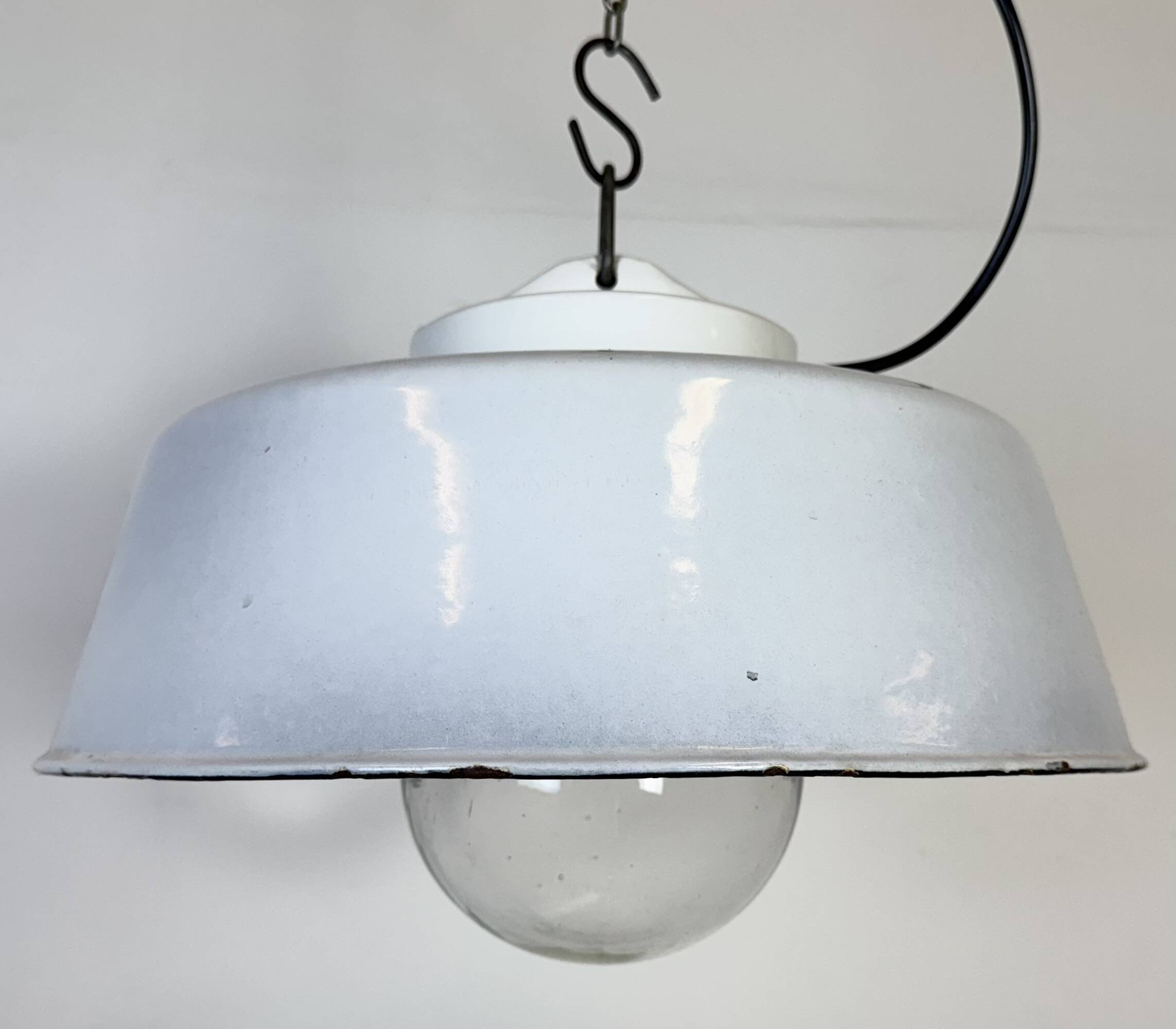 Industrial Grey Enamel Factory Pendant Lamp with Glass Cover, 1960s