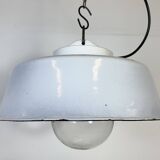 Industrial Grey Enamel Factory Pendant Lamp with Glass Cover, 1960s