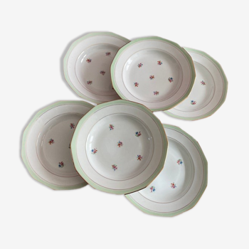 Set of 6 octagonal hollow plates in flowered porcelain 1960s