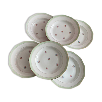 Lot de 6 assiettes creuses octogonales en porcelaine fleuries années 1960