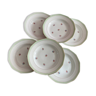Set of 6 octagonal hollow plates in flowered porcelain 1960s