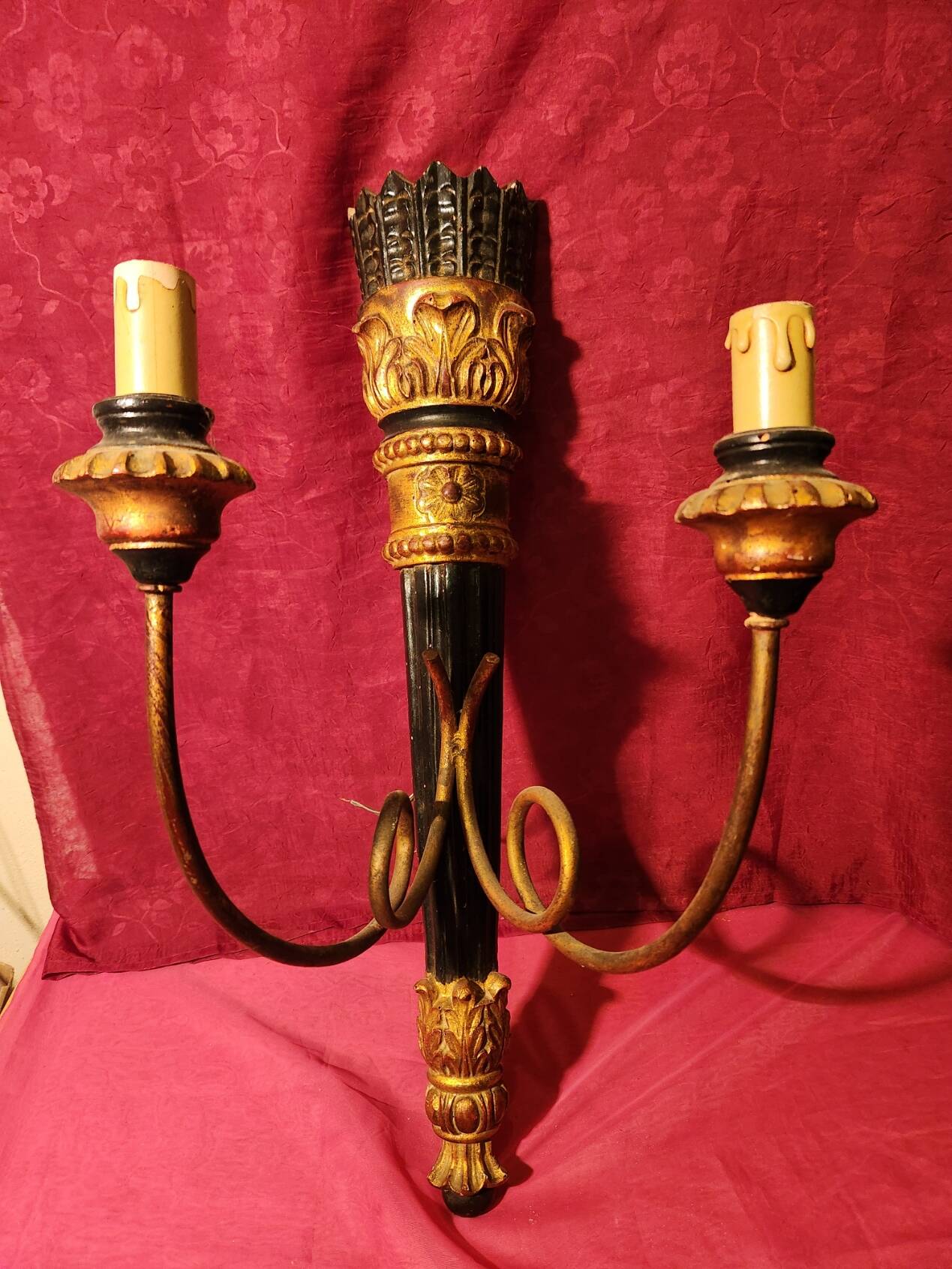 Large antique double wall light in gilded and black wood from the attic