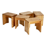 Selection by Charlotte Perriand for Les Arcs, set of 5 pine stools. France, circa 1960