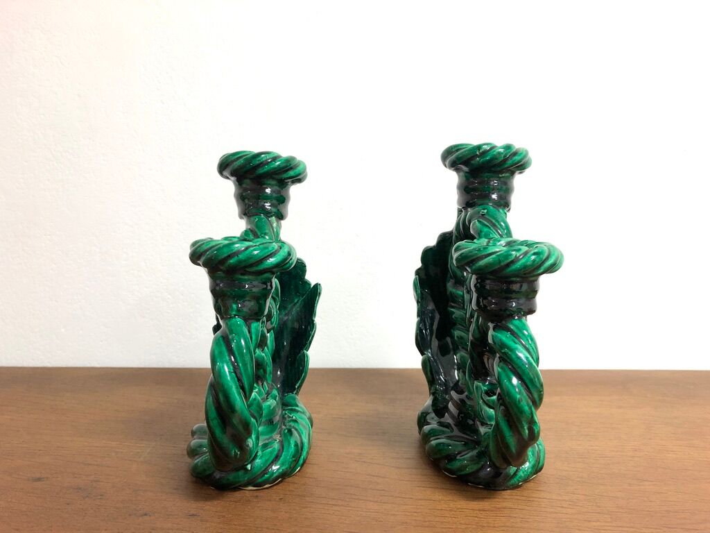 Pair of vintage candle holders in green ceramic color in vallauris style