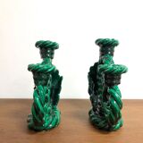Pair of vintage candle holders in green ceramic color in vallauris style