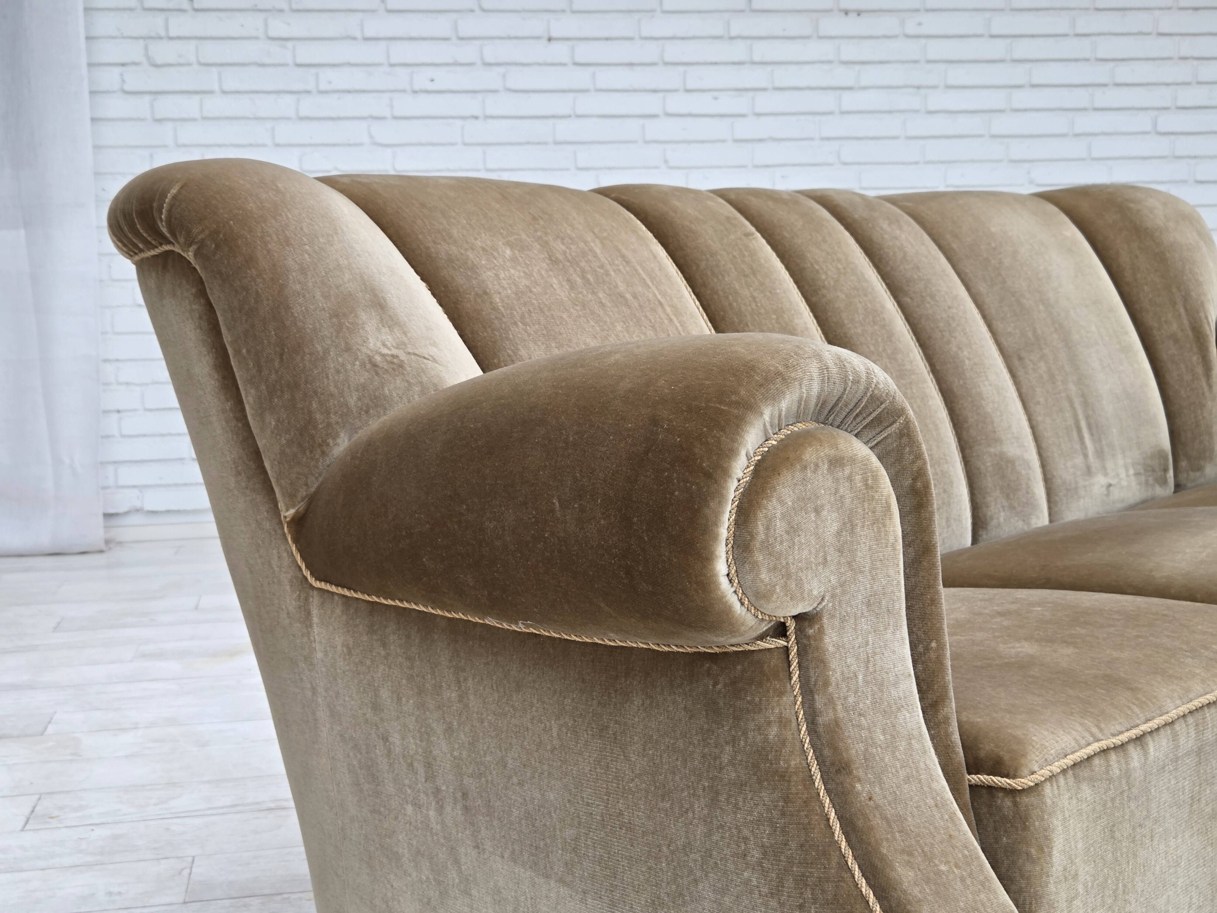 1960s, Danish 3-seater sofa, green furniture velour, oak wood legs.