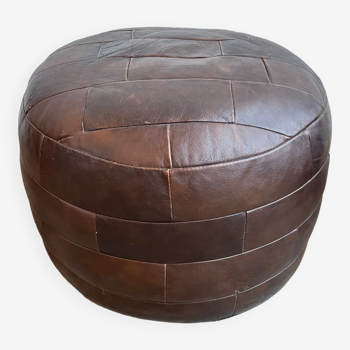 Brown leather pouf 1970