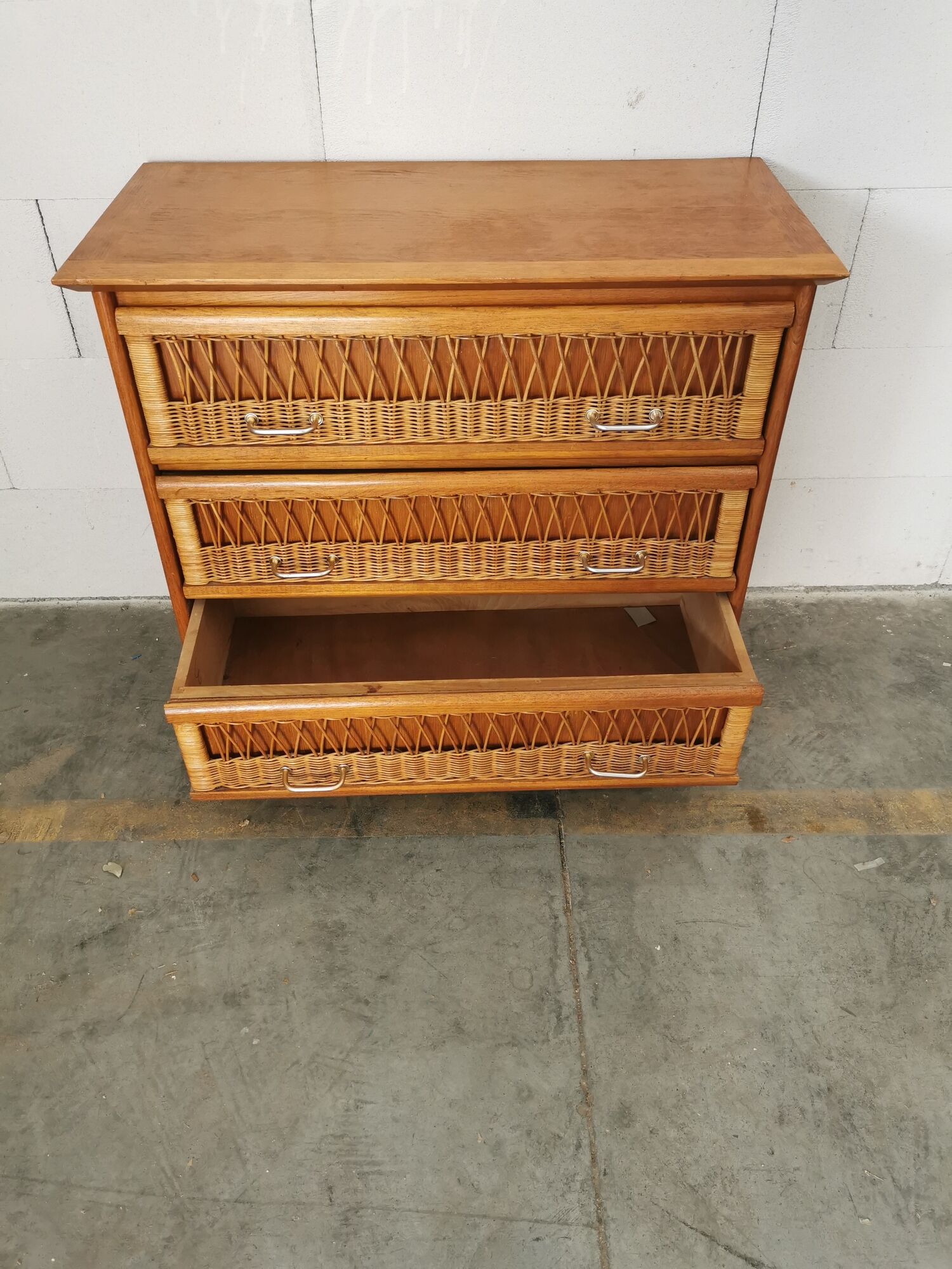 Vintage wood and rattan chest of drawers