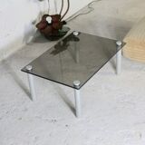 Coffee table cylindrical footings, tray smoked glass, circa 1970