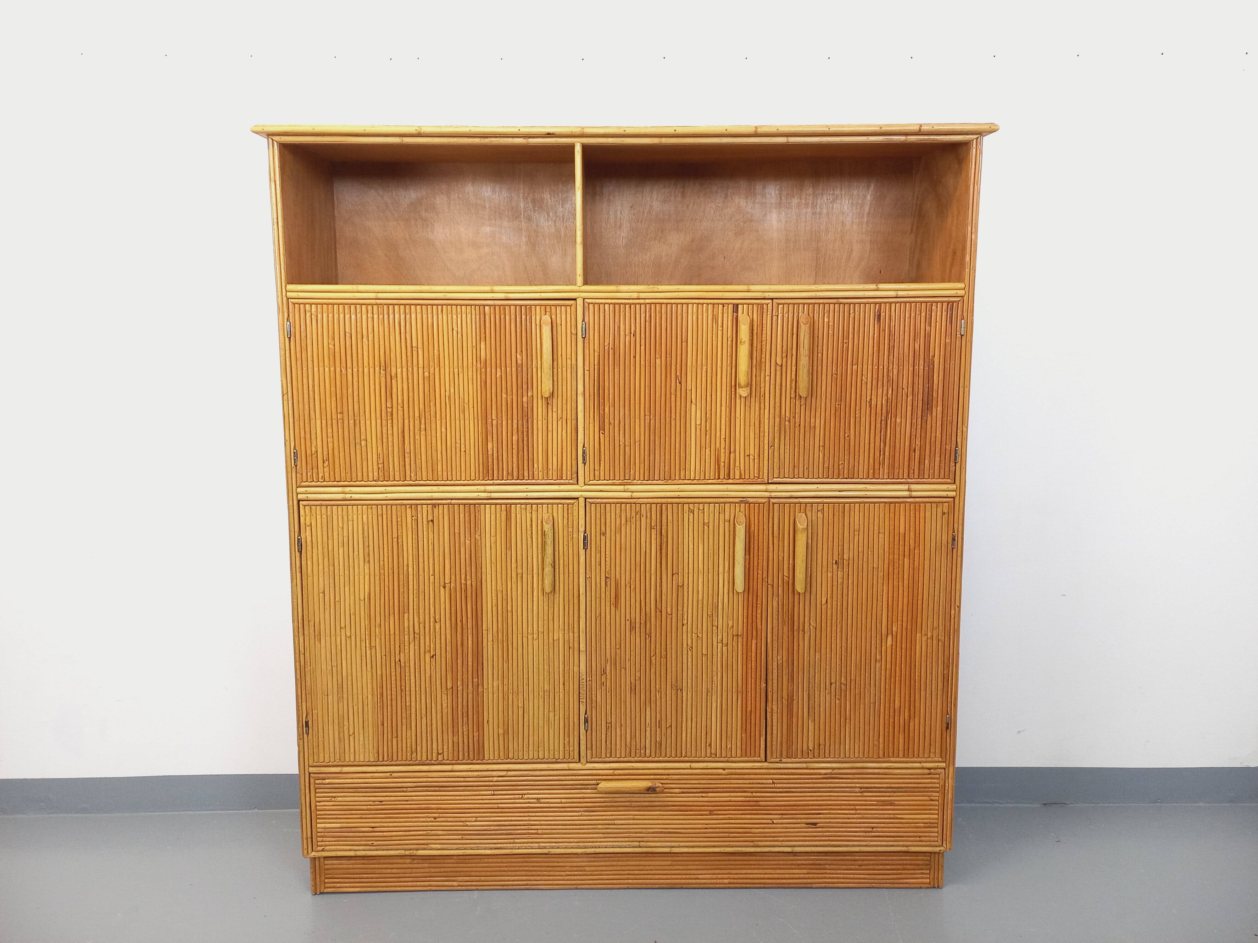 Vintage rattan and light wood storage unit from the 60s