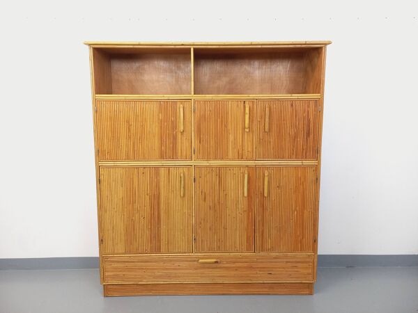 Meuble de rangement vintage en rotin et bois clair des années 60