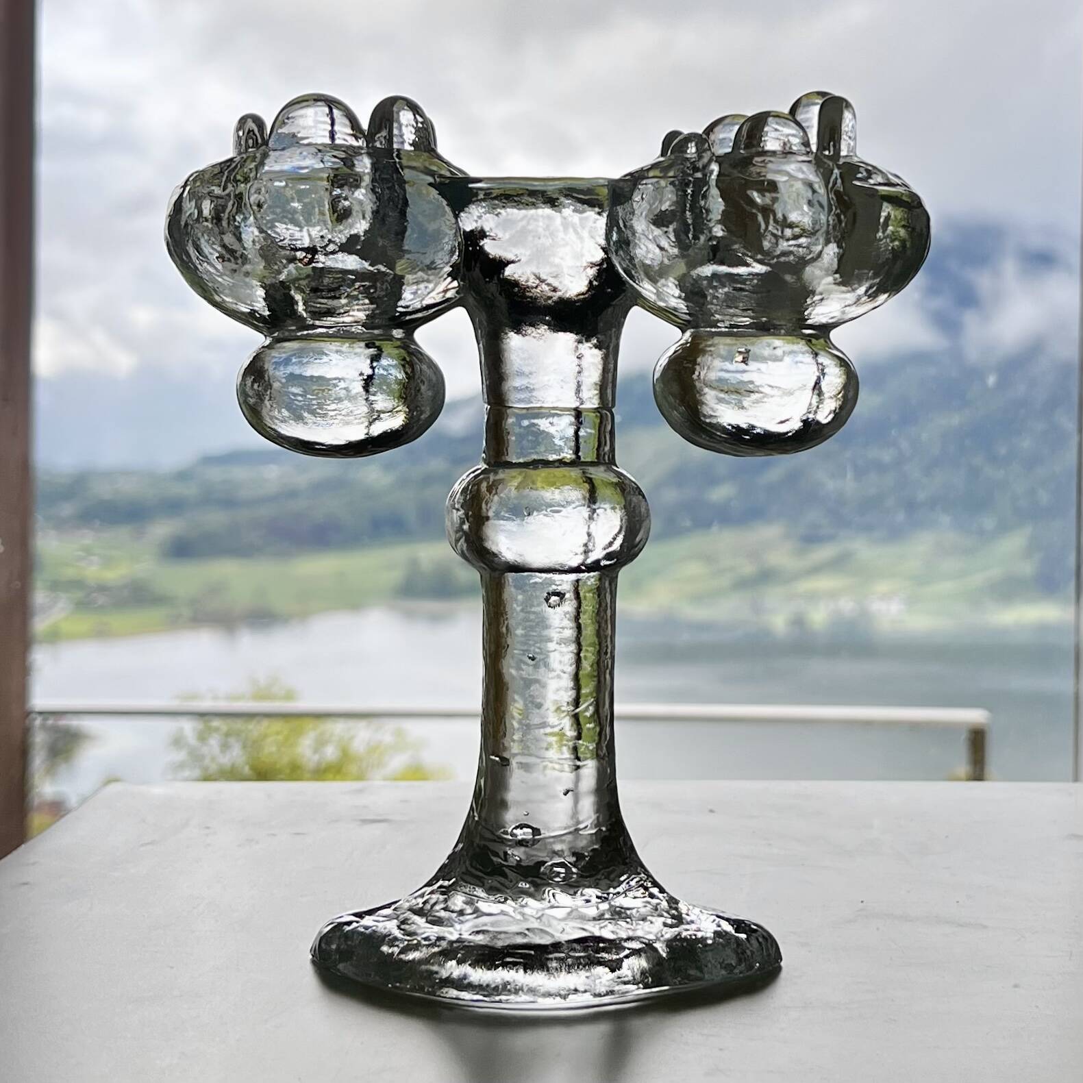 Brutalist double candle holder in ice glass Pukeberg Sweden – 1970