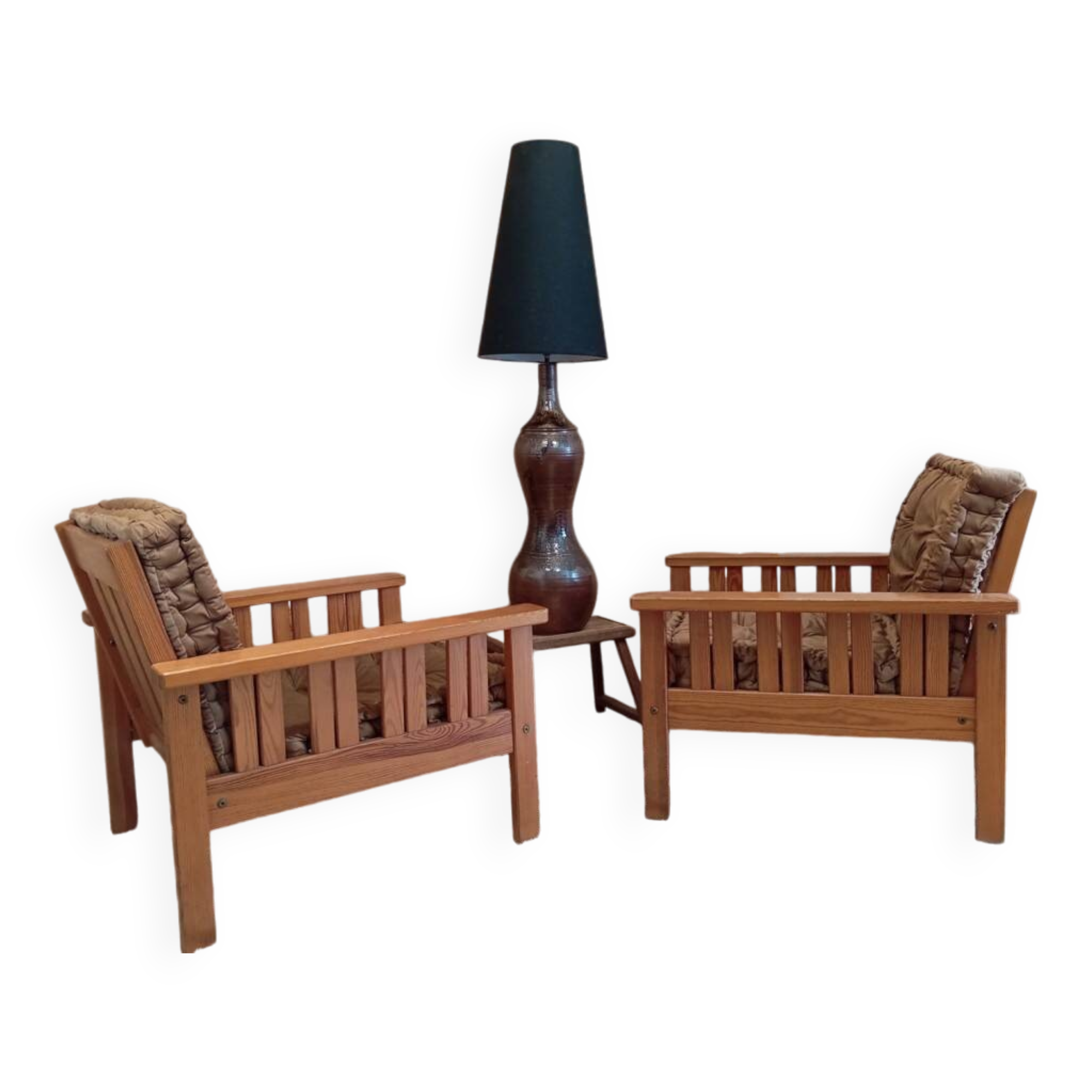 Pair of 70s pine armchairs