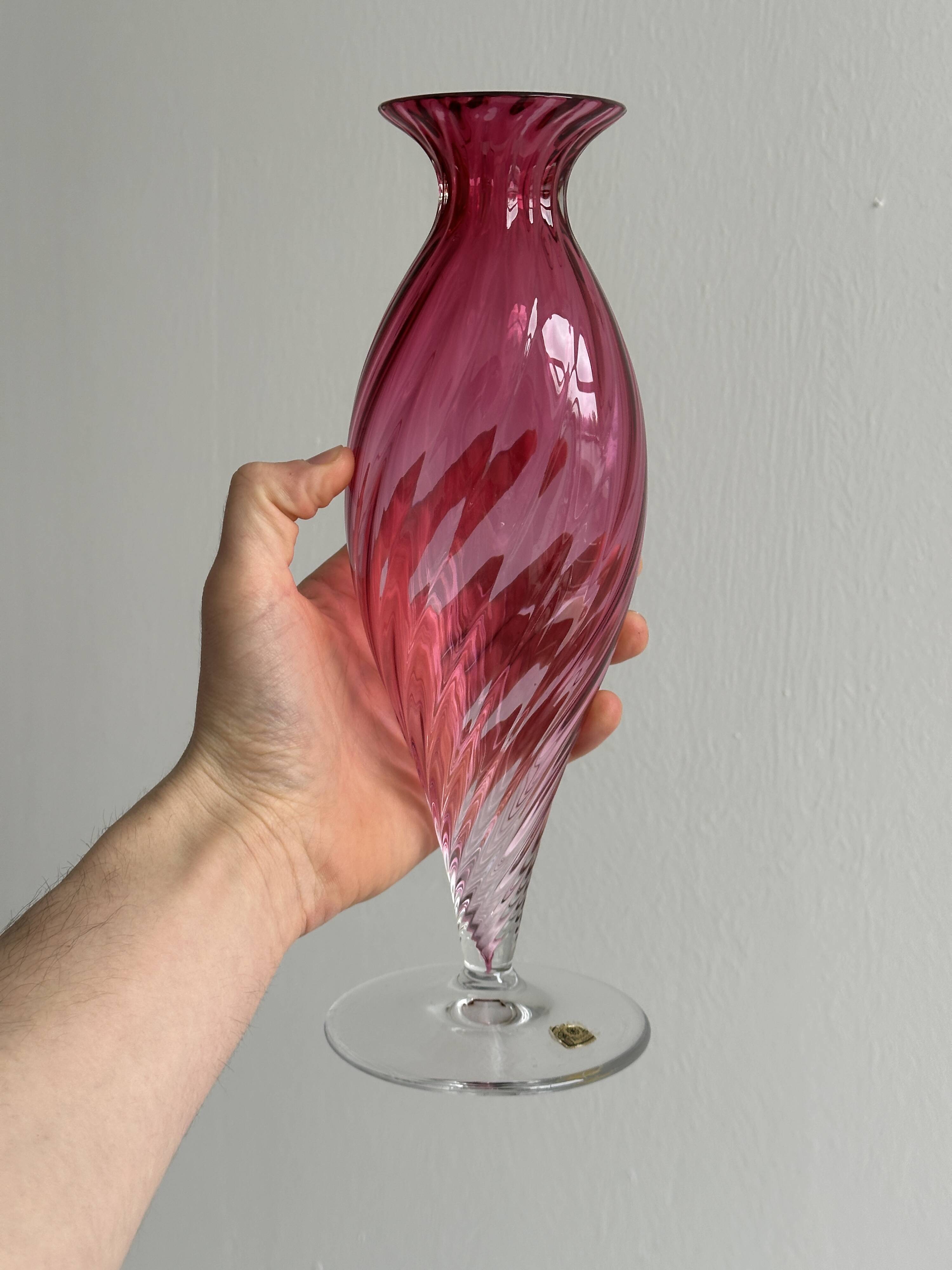 Twisted pink blown glass vase