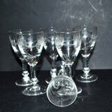 Set of 6 old acid-etched liqueur glasses - decoration of knots and garlands of flowers 1900