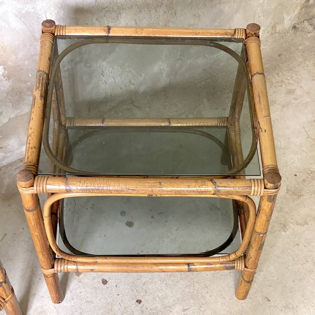 Pair of bedside tables or side tables in vintage 1980s rattan.
