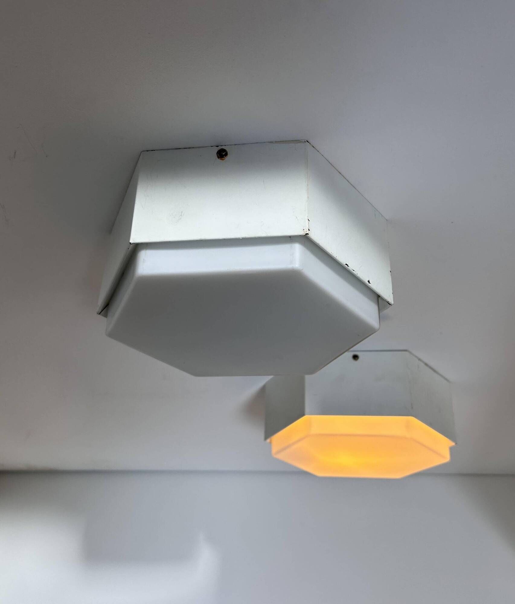 Pair of vintage Raak wall lights, opaline and white lacquered metal, Netherlands 1968