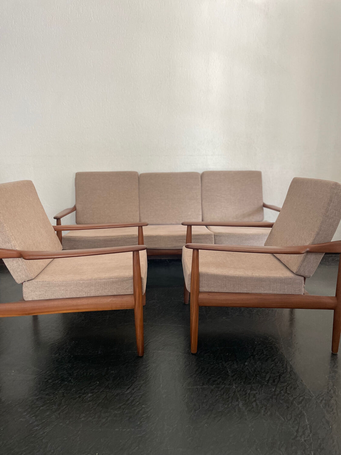 Vintage Scandinavian teak lounge — 3-seater sofa and two armchairs.