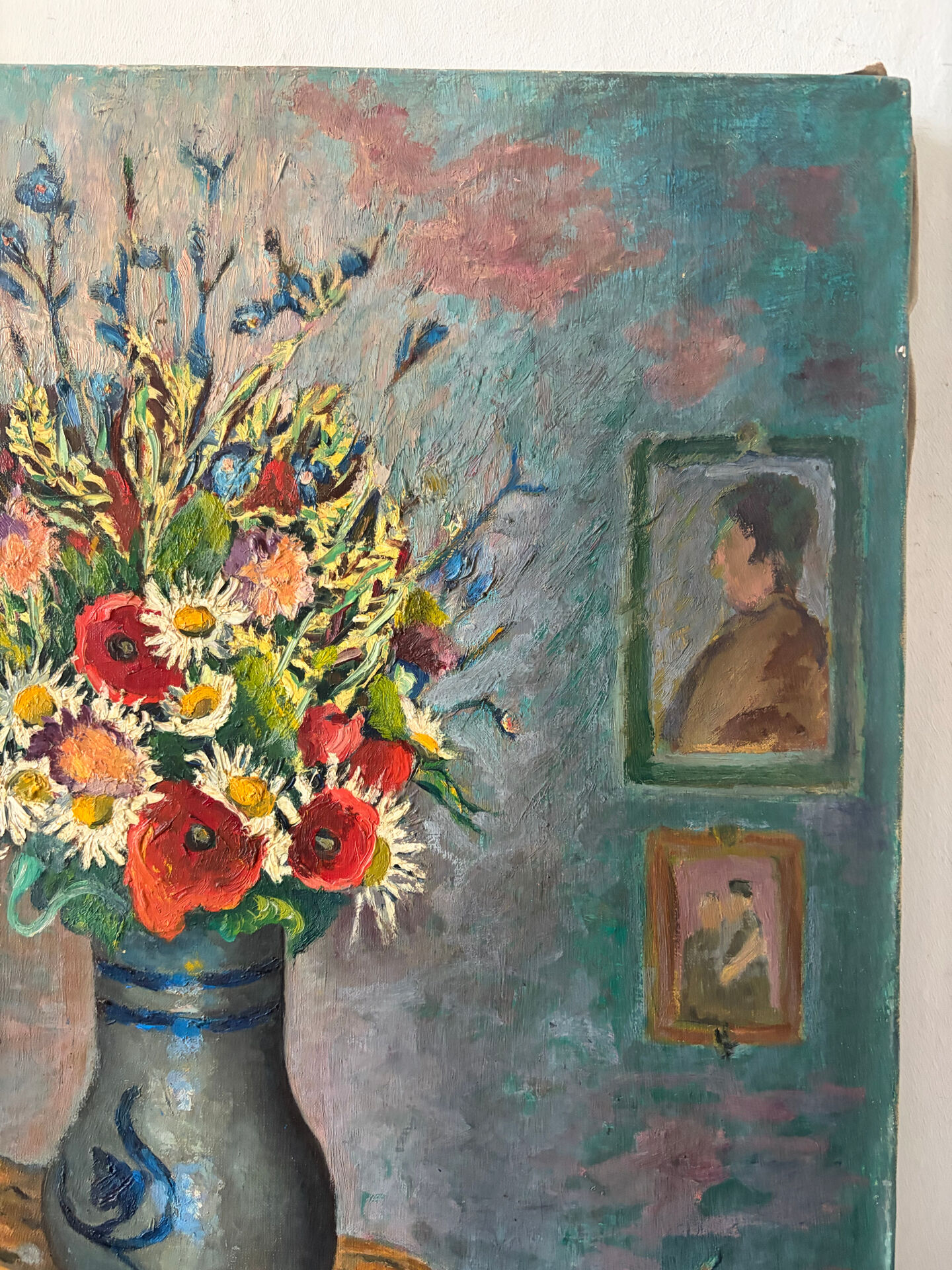 Bouquet of flowers with poppies, oil on canvas signed