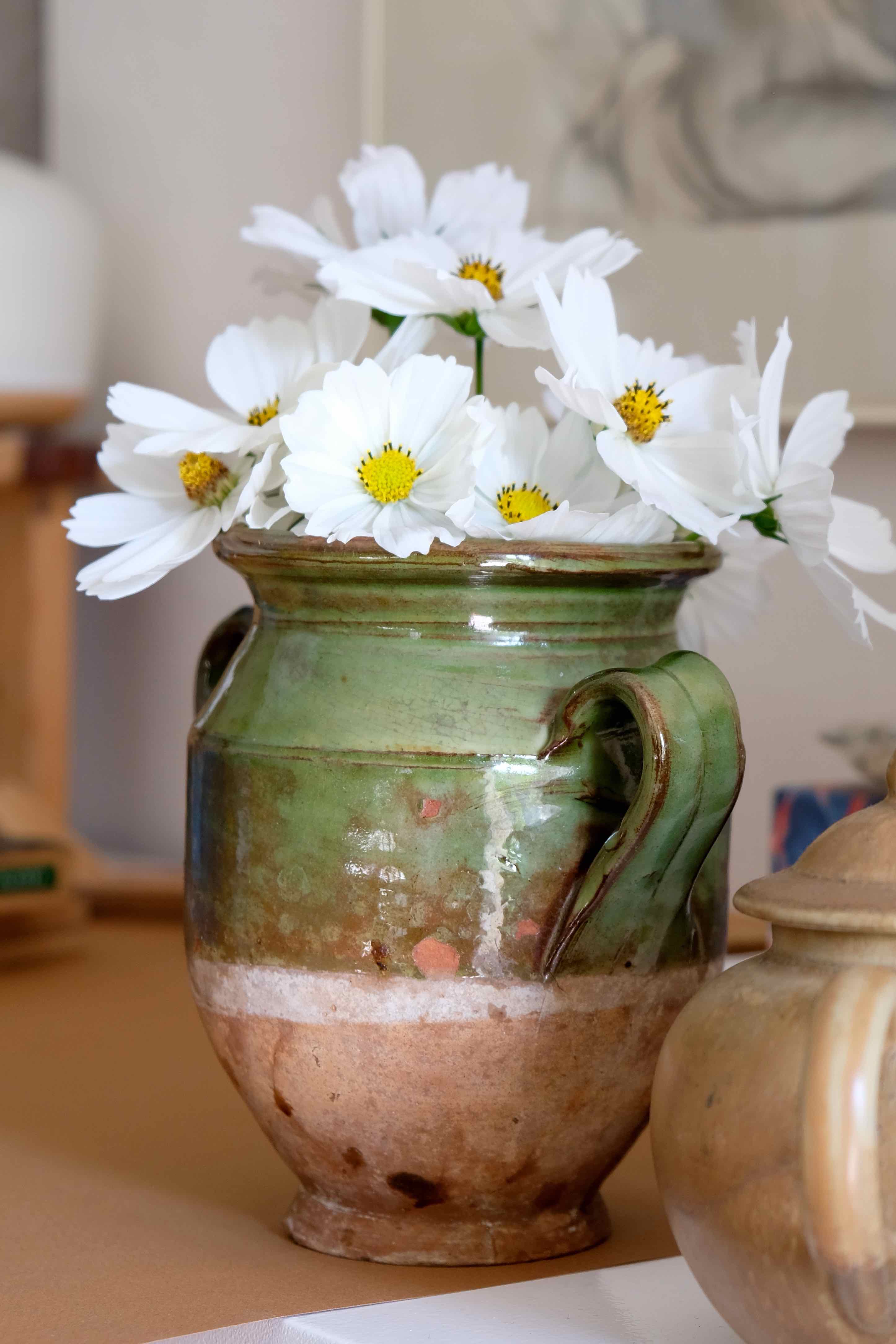 Terra cotta glazed Provencal old enameled antique olive jar