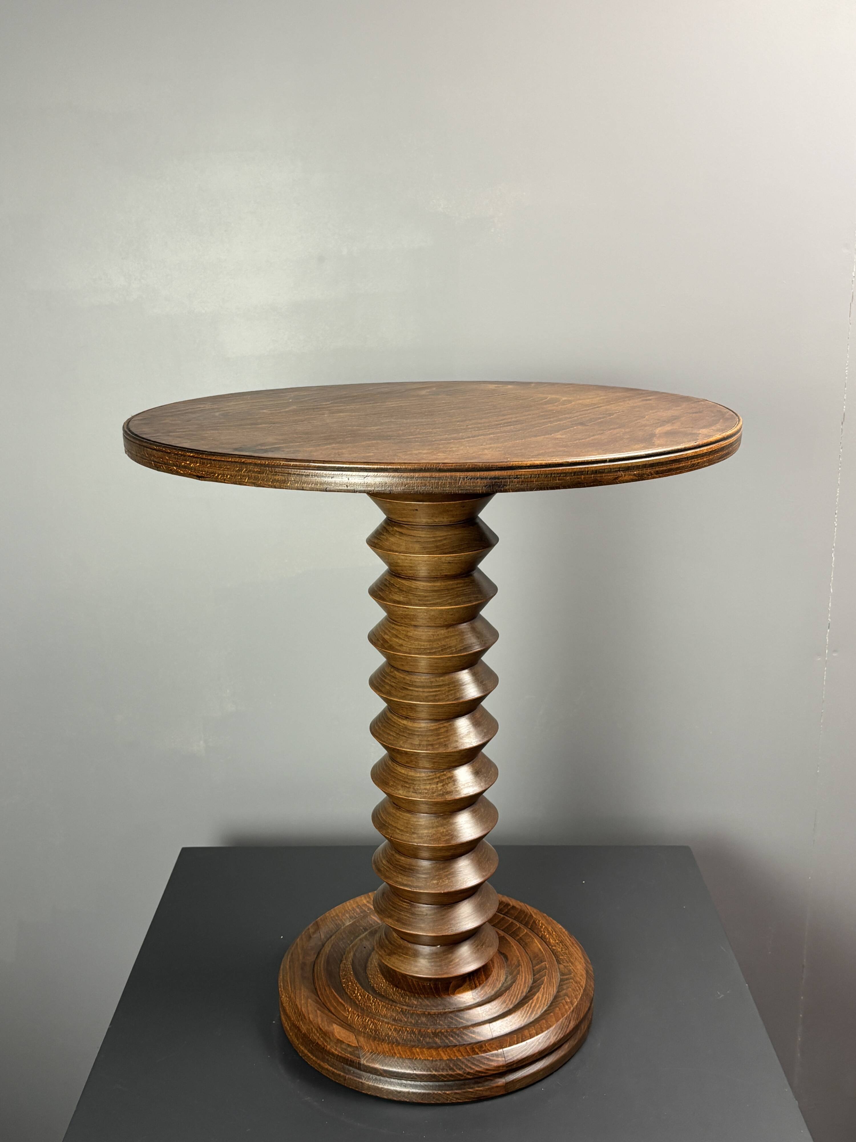 Midcentury brutalist wood turned side table in the style of Charles Dudouyt
