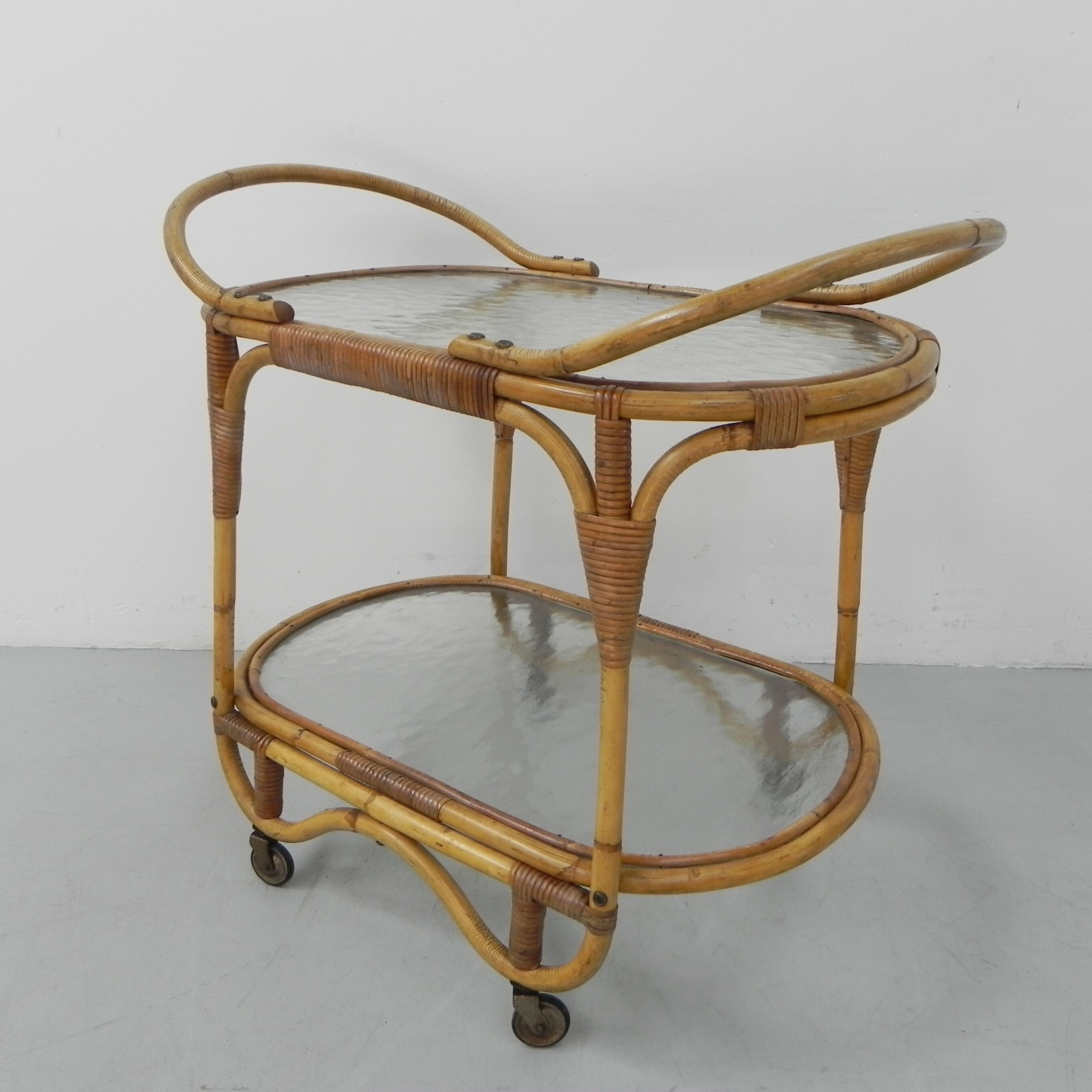 Bamboo, rattan serving trolley on castors