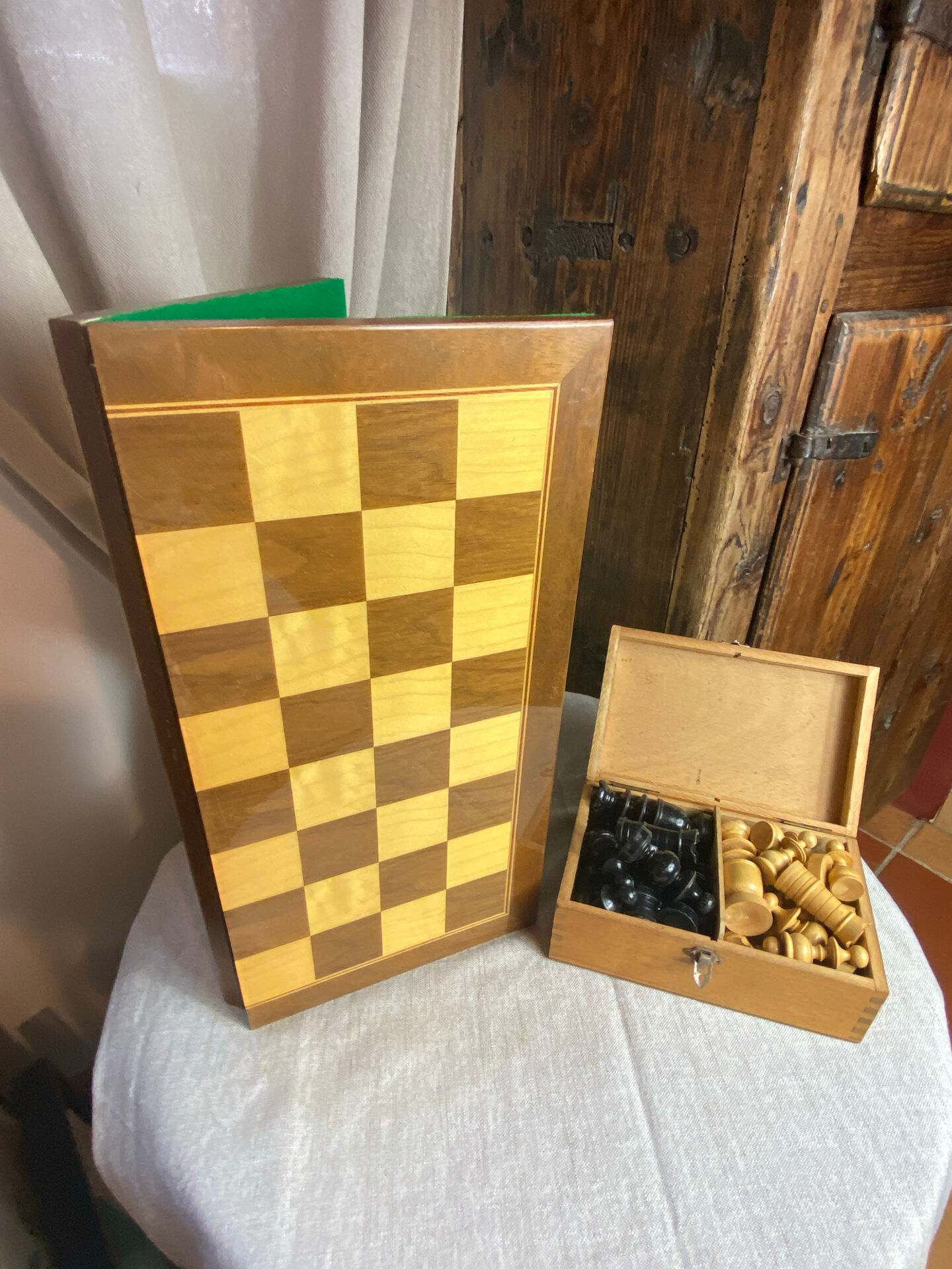 Chess set with wooden board and pieces
