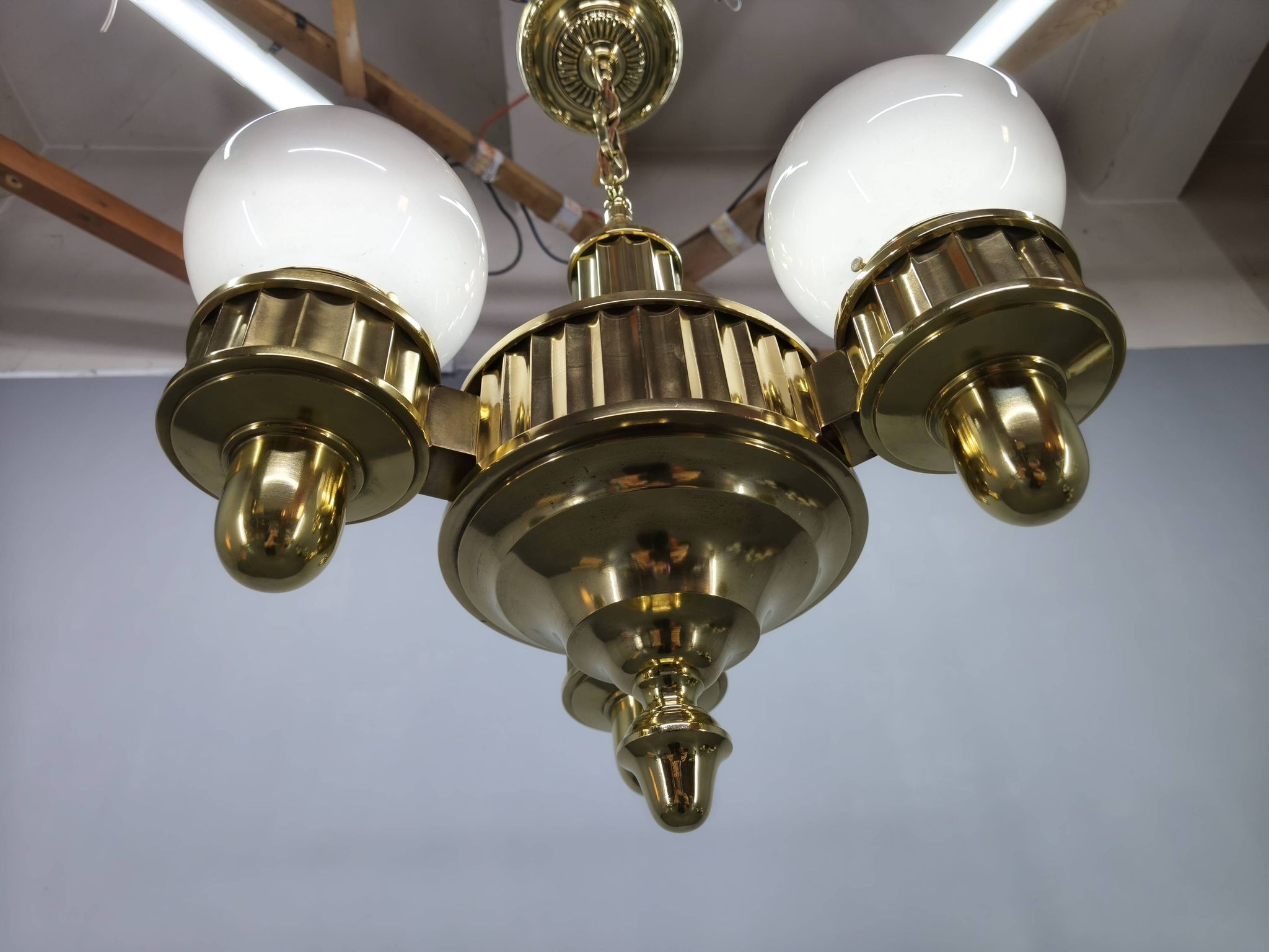Art Deco Brass and Opaline Glass Chandelier, Czechoslovakia