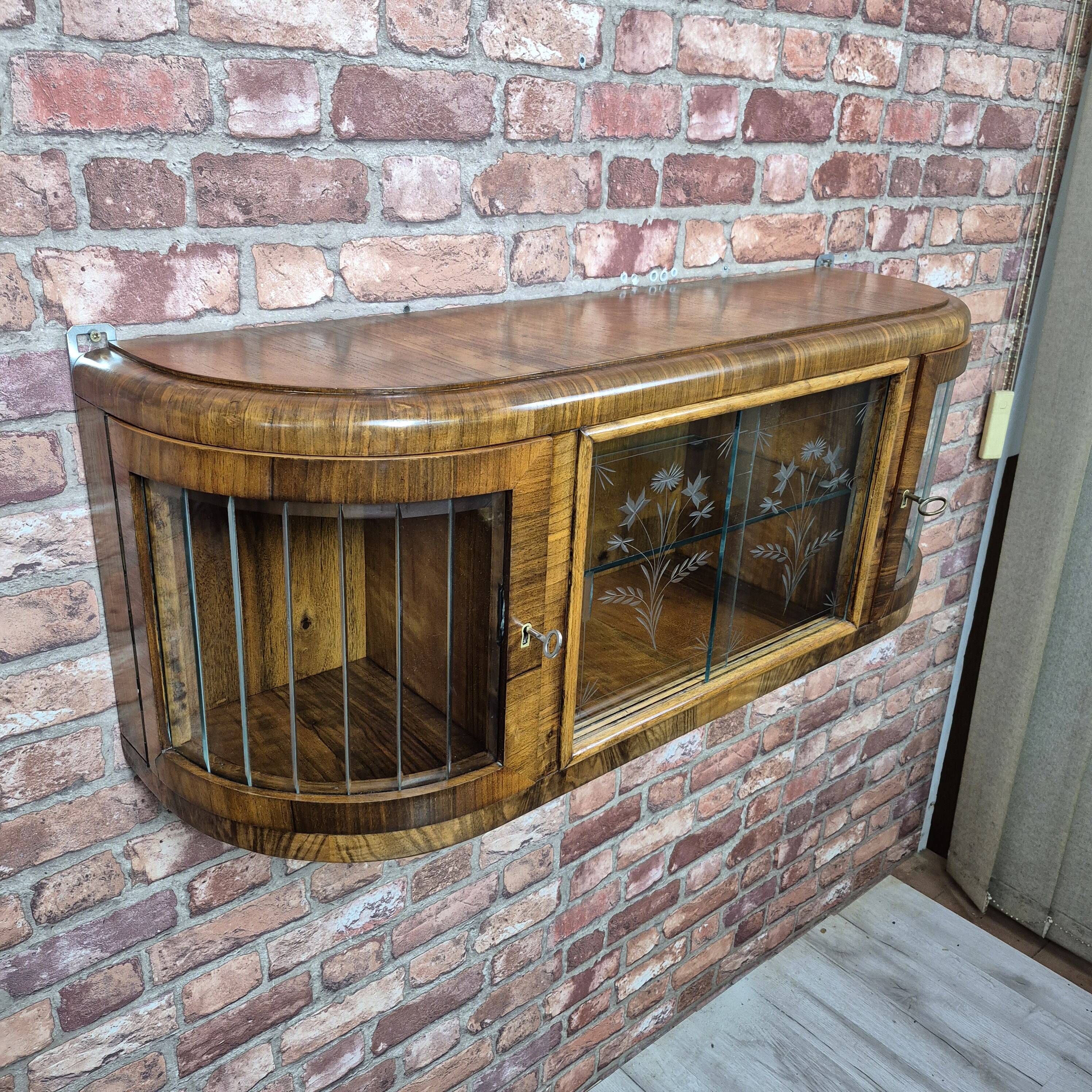 Upcycled Art Deco Walnut Wall Cabinet with Engraved and Slatted Glass - 193