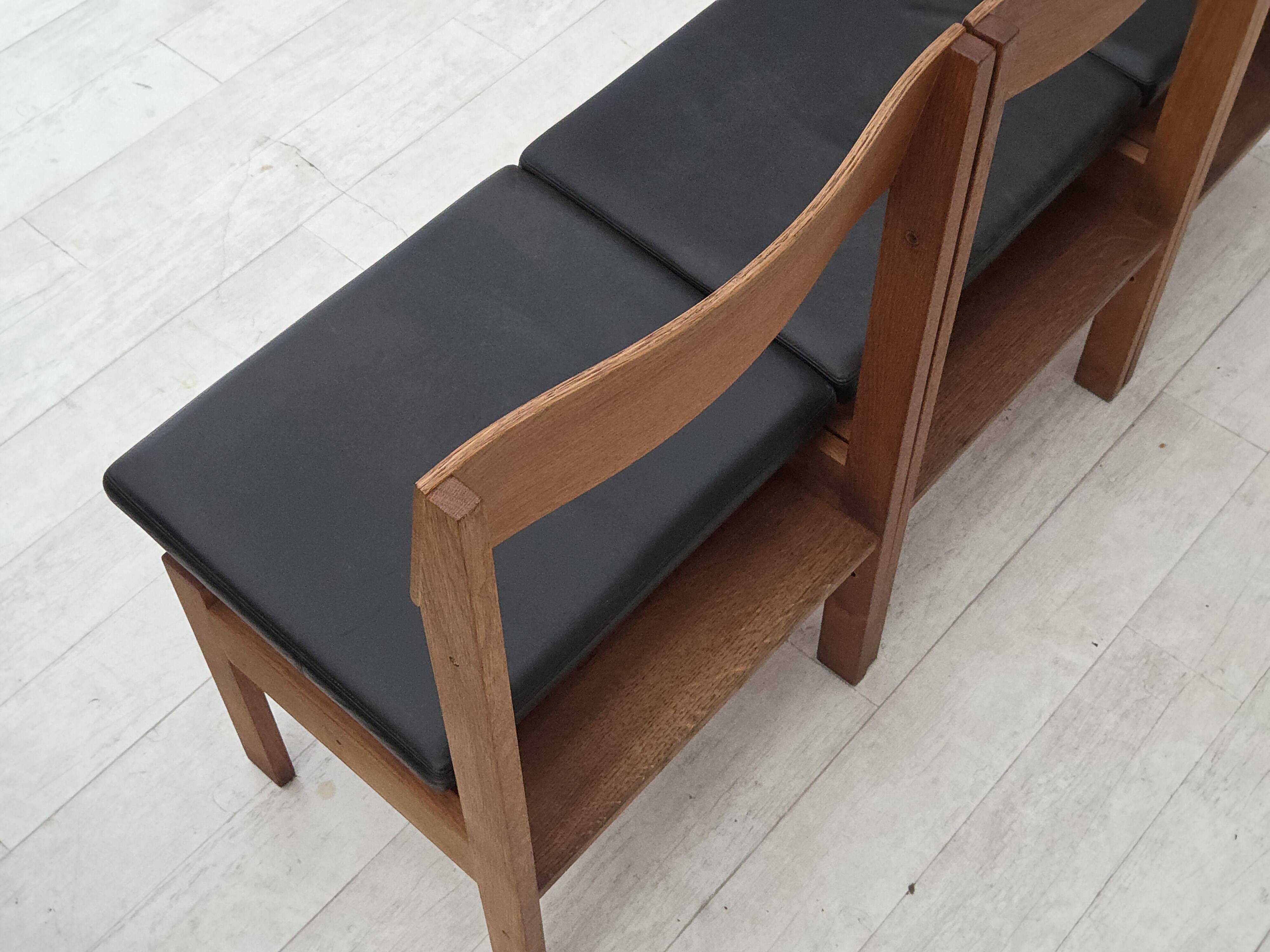 1970s, Danish design, set of 3 church chairs, leather, oak wood.
