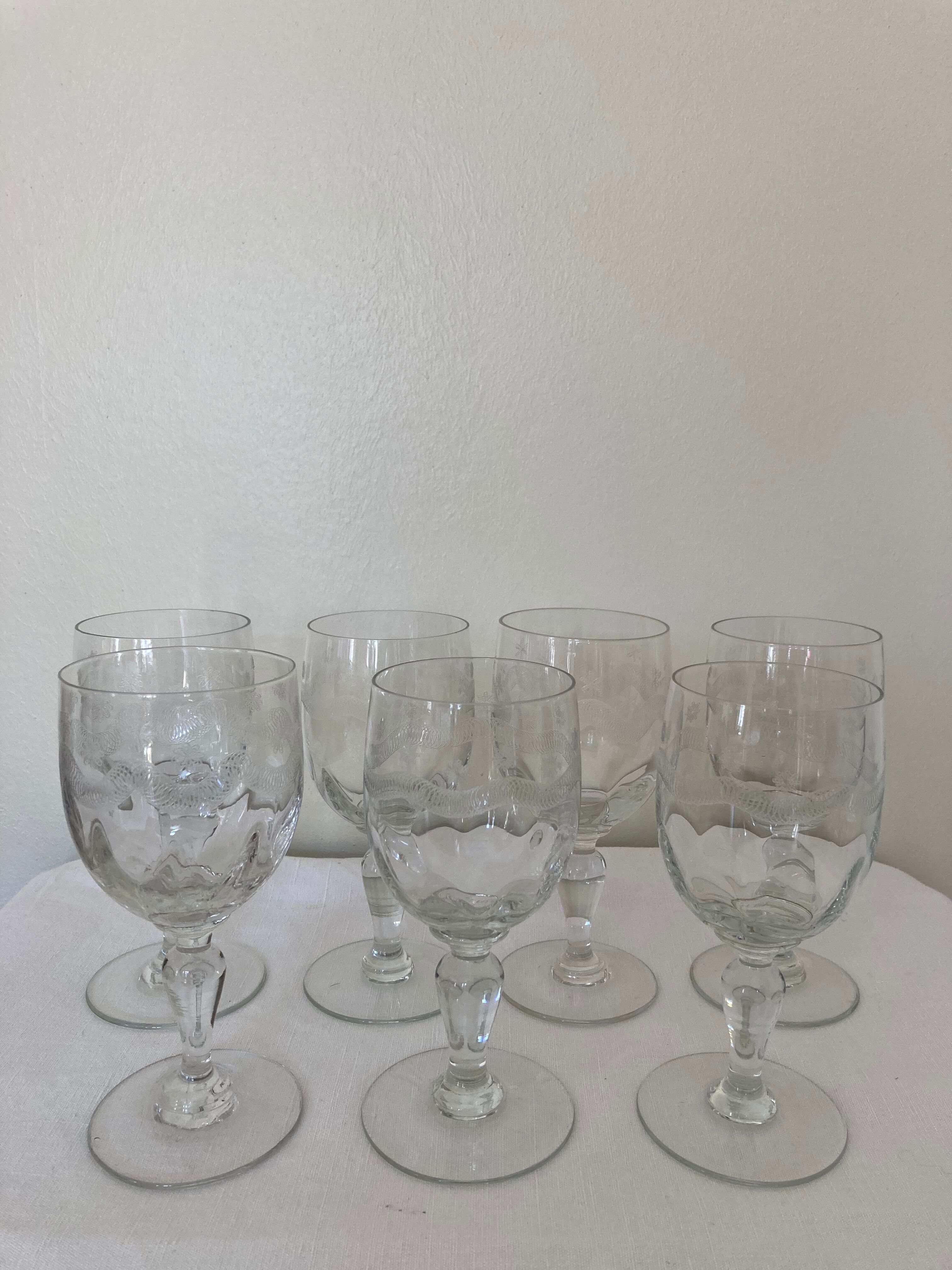 Set of 7 water glasses engraved crystal from Portieux