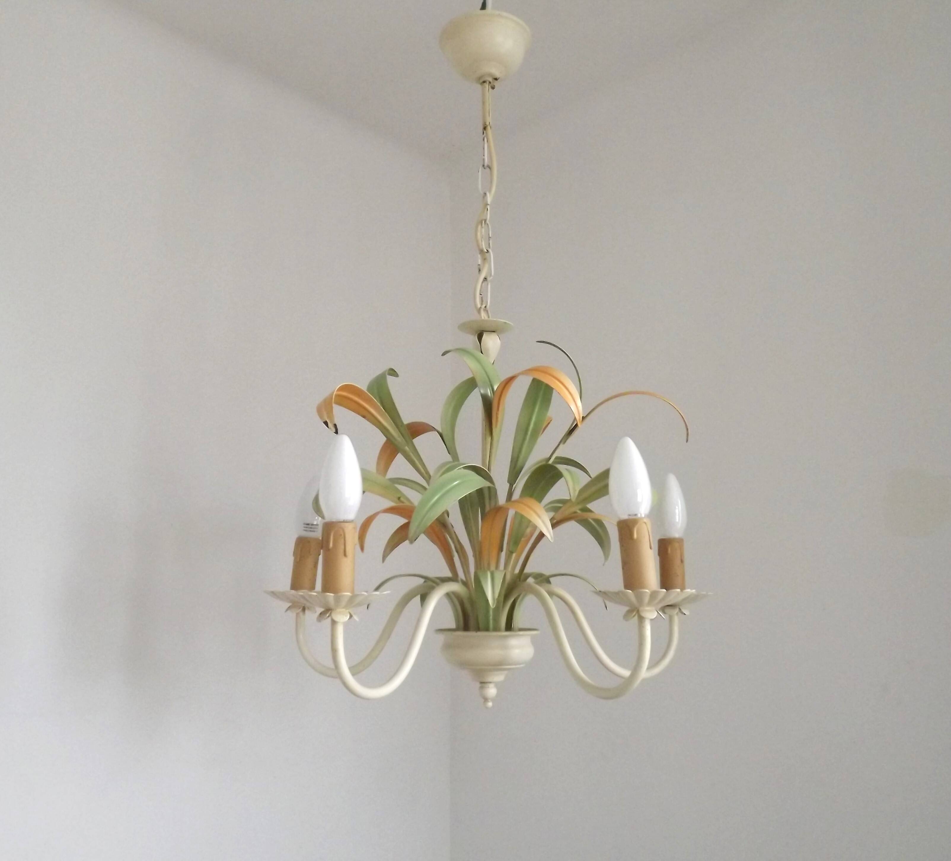 French Vintage Cream 5 Light Metal Chandelier Green and Peach Leaves