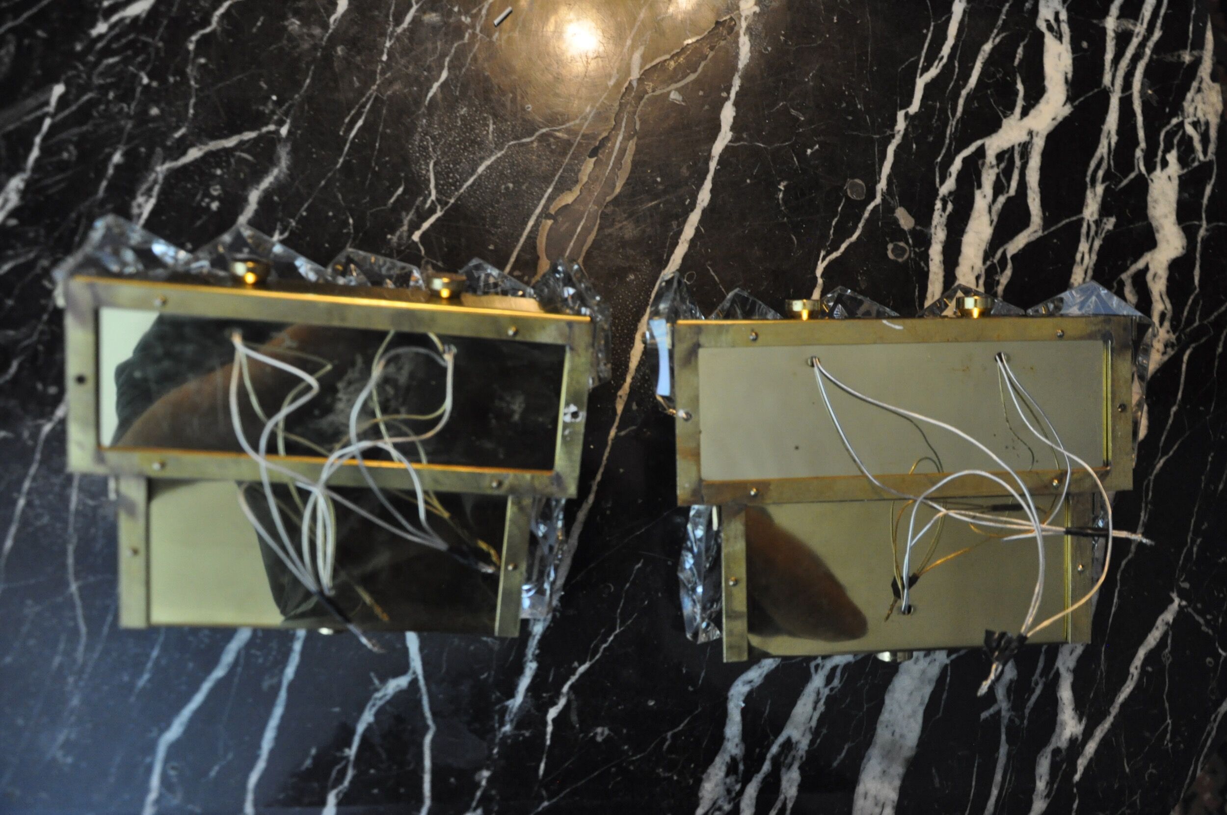 Pair of kinkeldey wall lamps, 2 levels, cut crystals germany, 1970