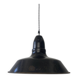 Ancienne suspension industrielle en email noir  40 cm