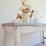 Antique work table in patinated white wood and zinc top - workbench