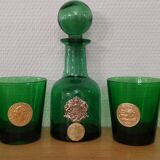 Set of 8 Dubonnet water glasses, vintage Louis d'or piece and bottle