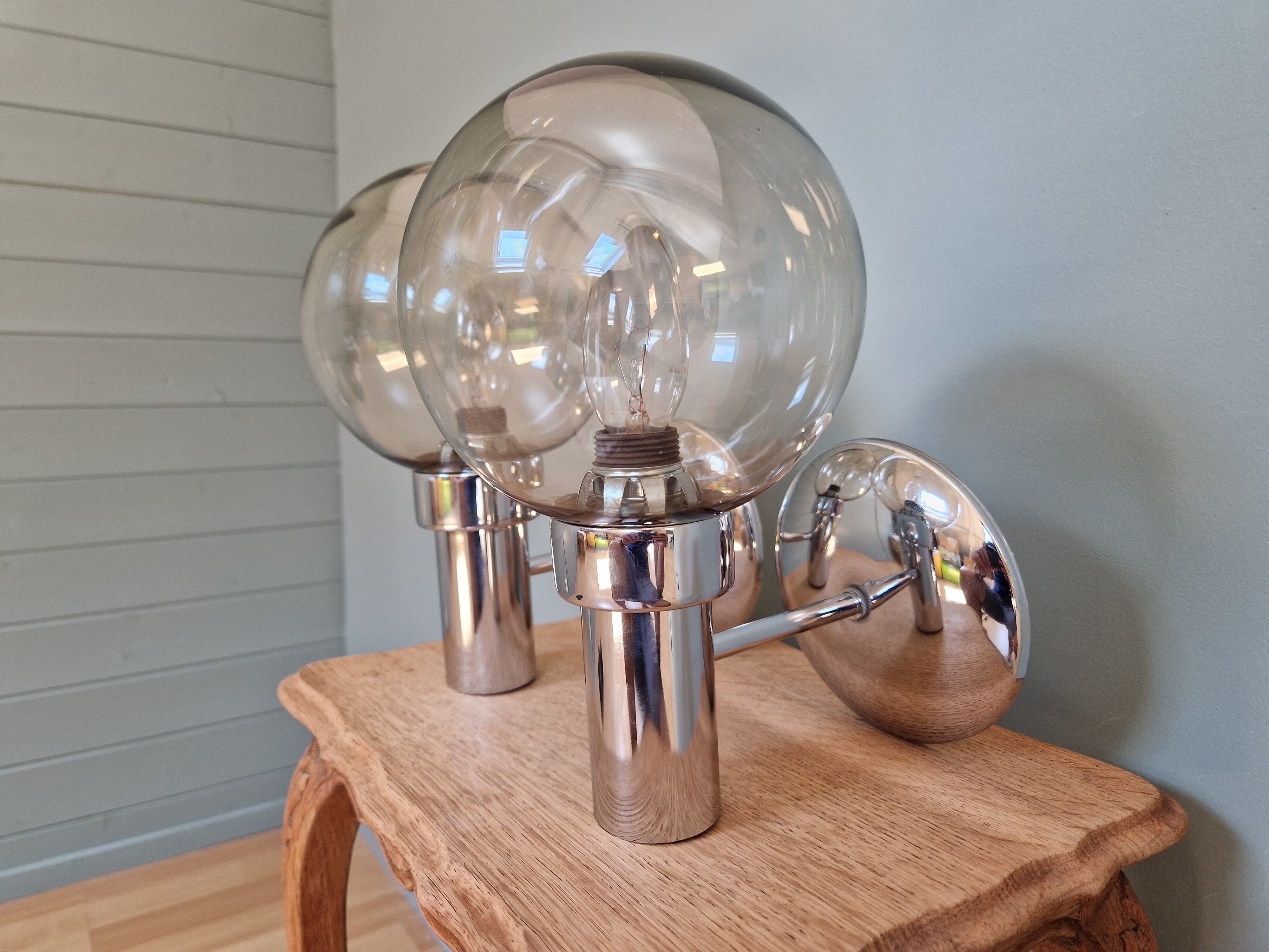 Pair of vintage wall lights in chromed metal and smoked glass, 70s