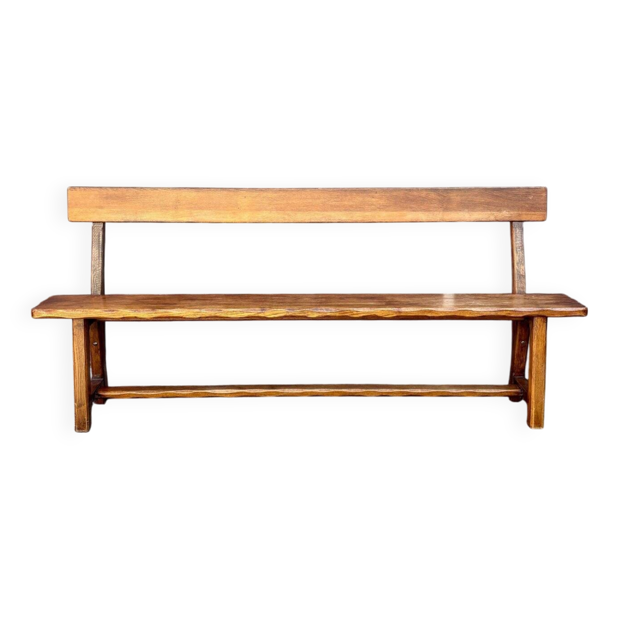 Brutalist bench with dark wood back