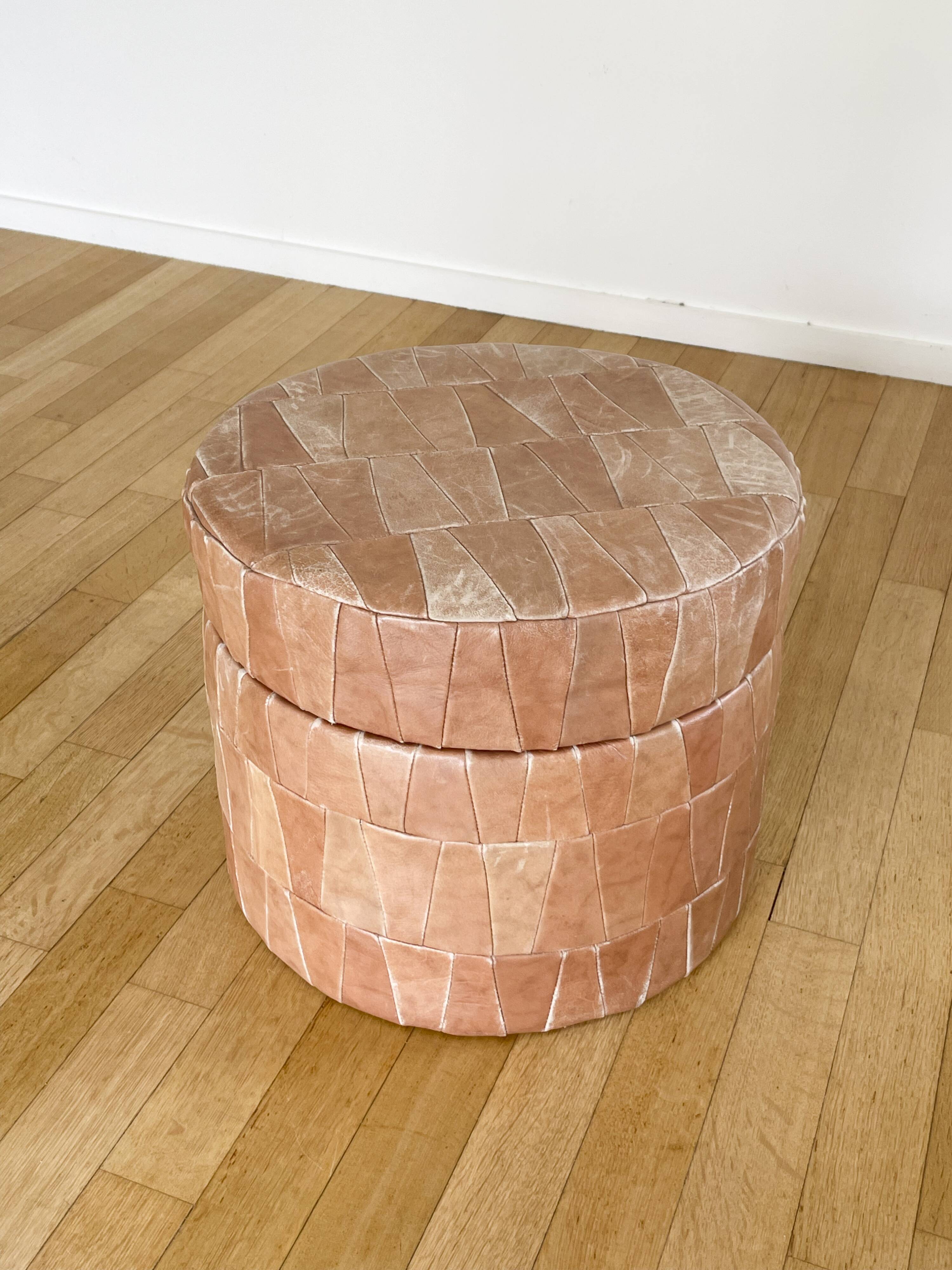 Pouf coffre patchwork cuir beige