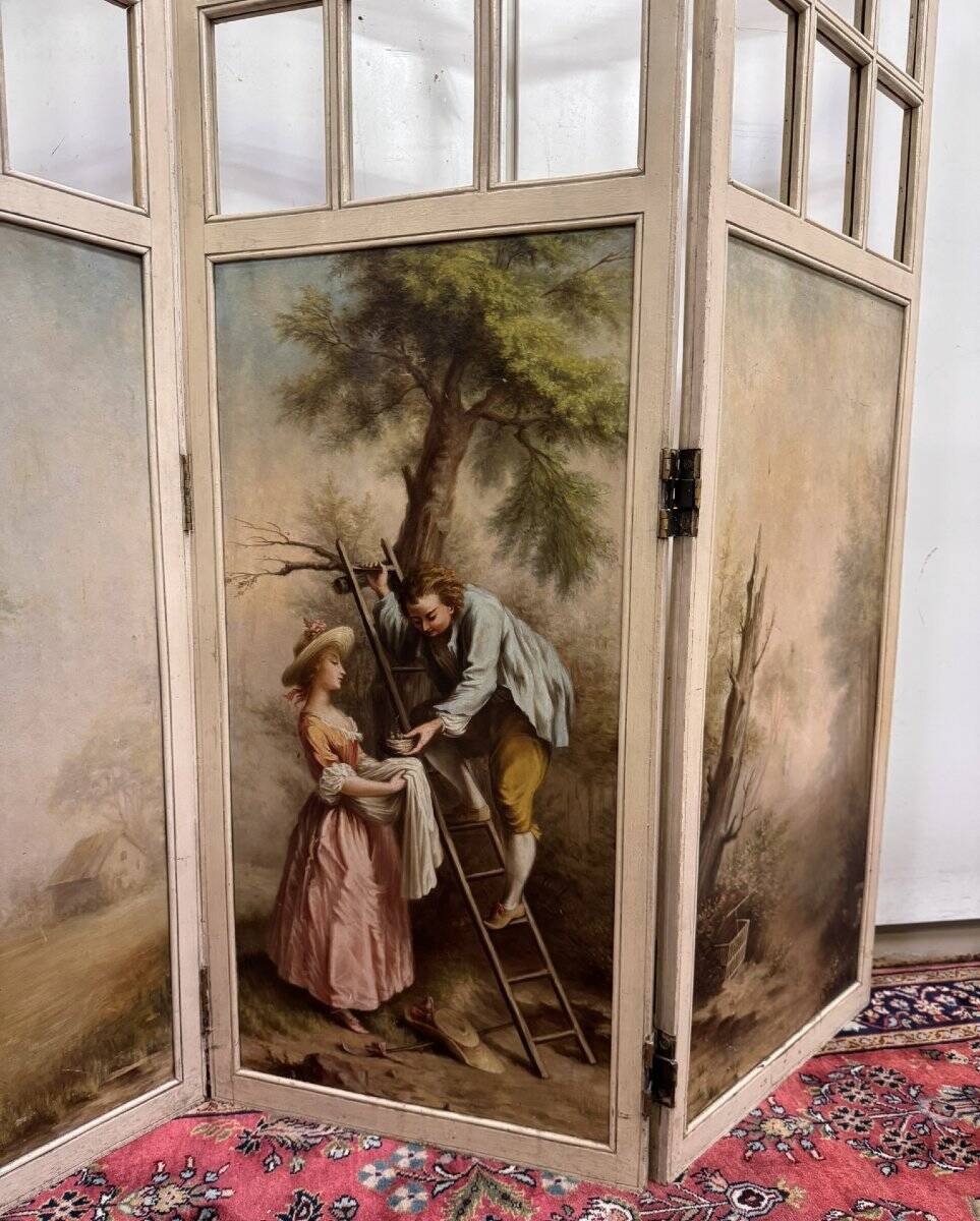Three-panel screen in Louis XVI style with Romantic decorations and landscapes.
