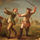 Camp de peinture française avec soldats et chevaux du XIXe siècle