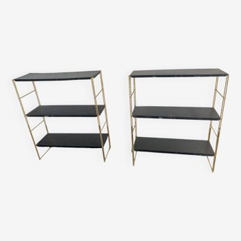 Pair of vintage shelves 1960 black gold string - 58 x 49 cm