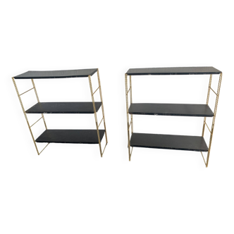 Pair of vintage shelves 1960 black gold string - 58 x 49 cm