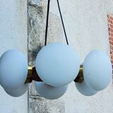 Scandinavian teak and white opaline chandelier with 6 lights from the 70s
