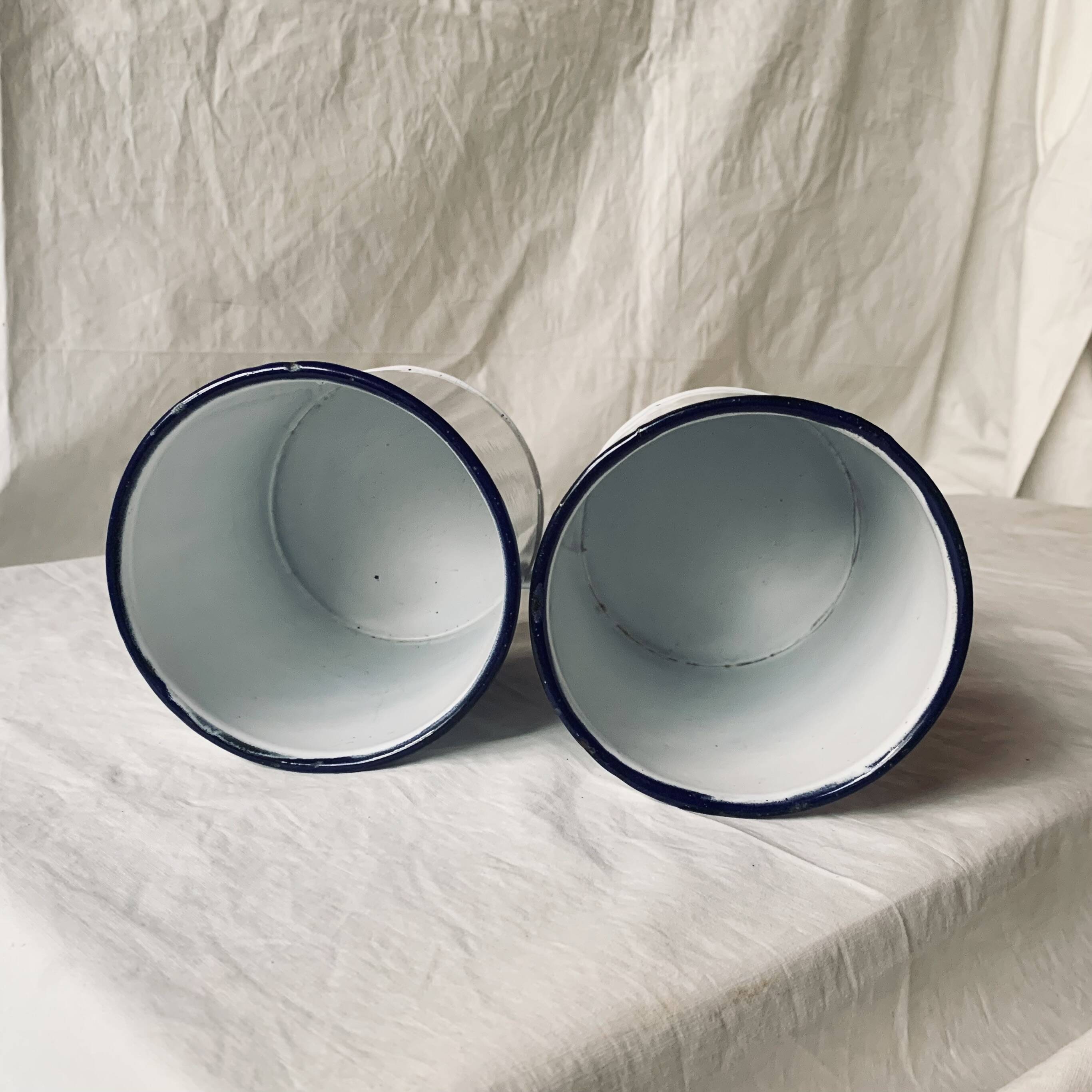 Pair of old large enameled sheet metal condiment pots